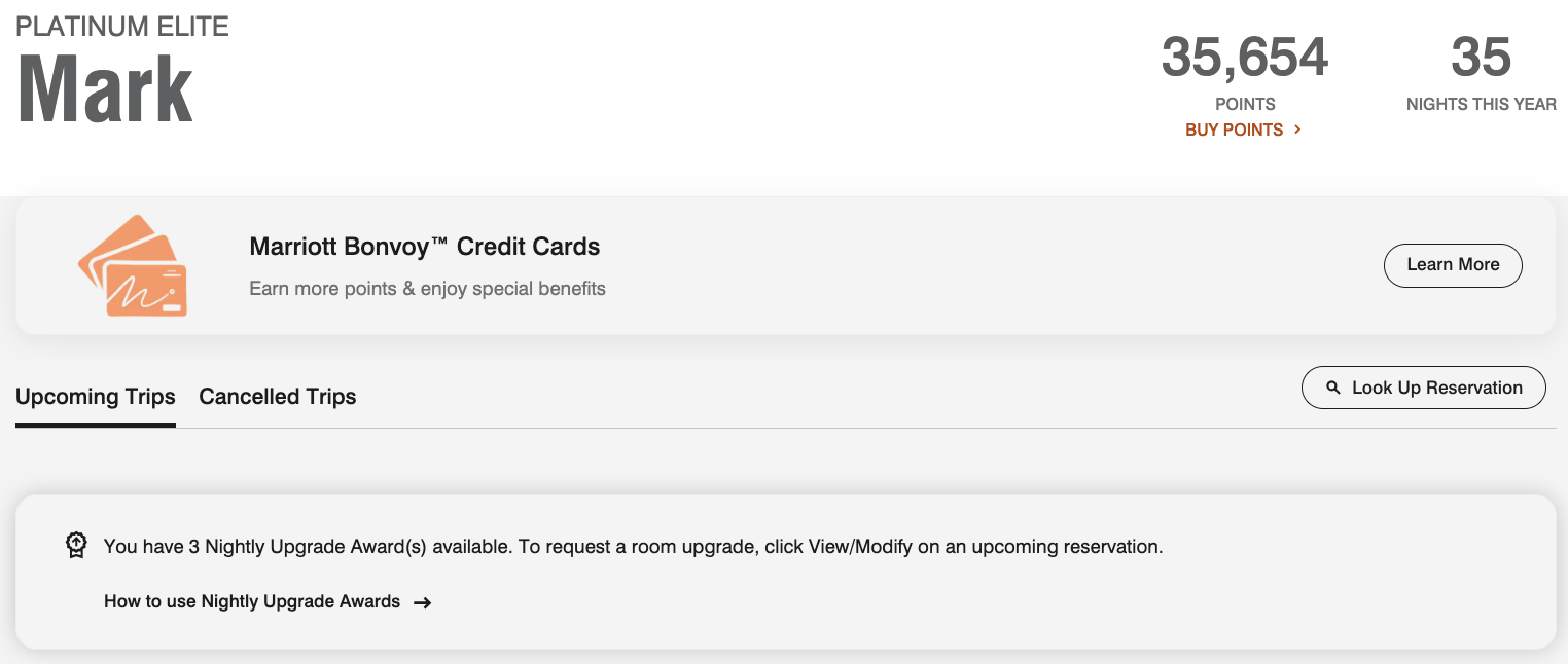 Marriott Bonvoy account showing how many Nightly Upgrade Awards are available